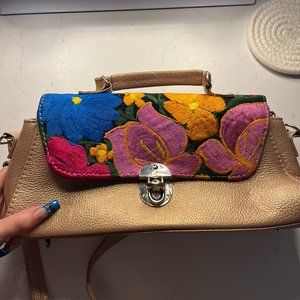 Leather Embroidered Floral Champagne Crossbody Satchel